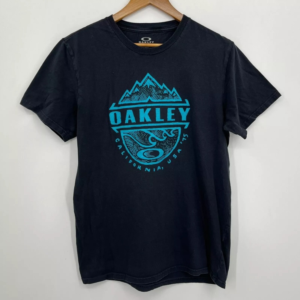 Oakley Mens Black Turquoise Mountain Wave Graphic T-Shirt Regular Fit Size M